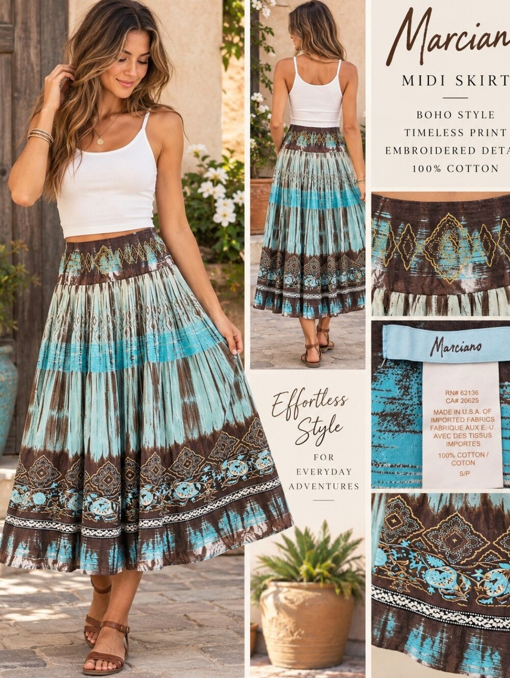 Marciano Women S Midi Skirt Brown Turquoise Boho Embroidered Cotton Full Skirt